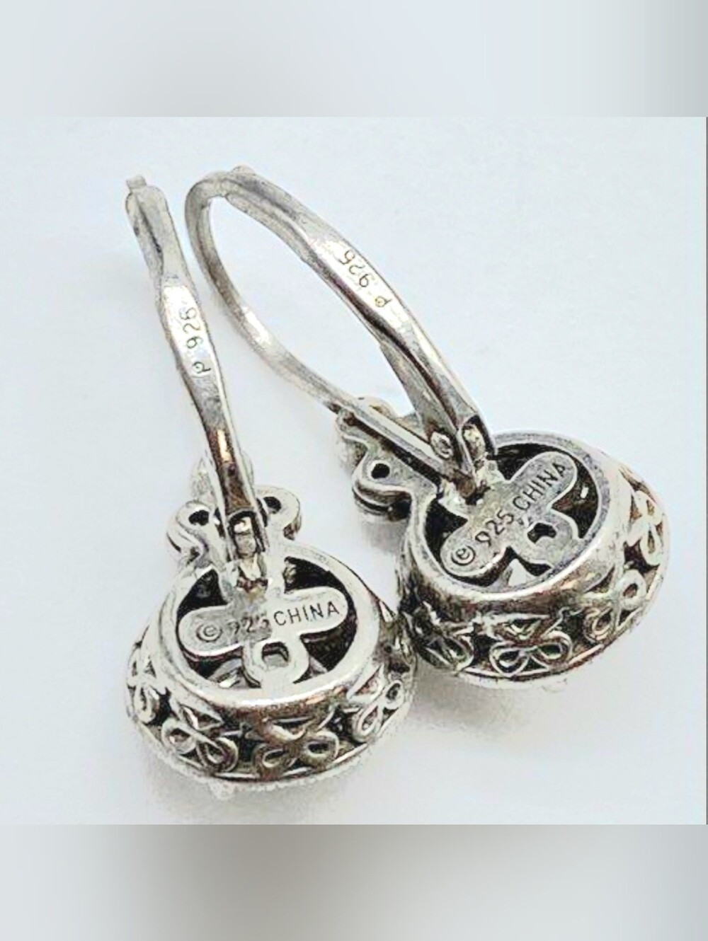 π 925 Sterling Silver CZ Diamond Halo Lever Back Drop Earrings Art Deco - Picture 12 of 15